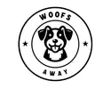 Logo of 'Woofs Away' with a black and white dog illustration inside a circular border.